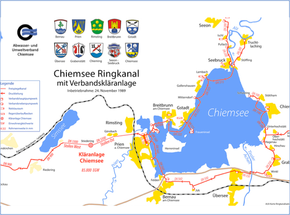 Ringkanal Karte des Abwasser- und Umweltverbands Chiemsee mit Ringkanalisation rund um den Chiemsee. Gezeigt werden Orte, Leitungsverlauf, Pumpwerke und Kläranlagen im Einzugsgebiet.