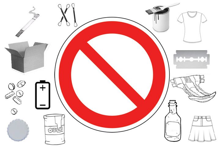 Warnung In der Mitte des Bildes ist ein asolutes Verbotsschild, um dieses befinden sich Dinge die Nicht in die Toilette geworfen werden sollen, wie Batterien, Medikamente, Wattestäbchen, Öl, Ziegeretten, Windeln, Flaschen, Kleidung, Rasierklingen, Farbe und Bierdeckel